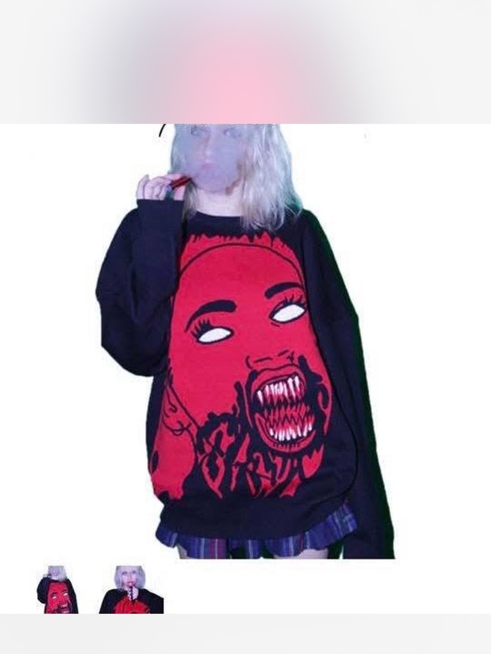 Black Crewneck Sweater with Red Graphic Face